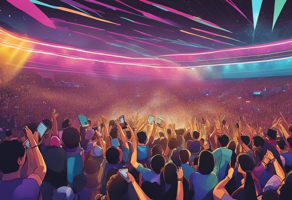 The stage is bathed in colorful lights as the crowd cheers for Bruno Mars at his concert in Singapore. The energy is electric as the music fills the air
