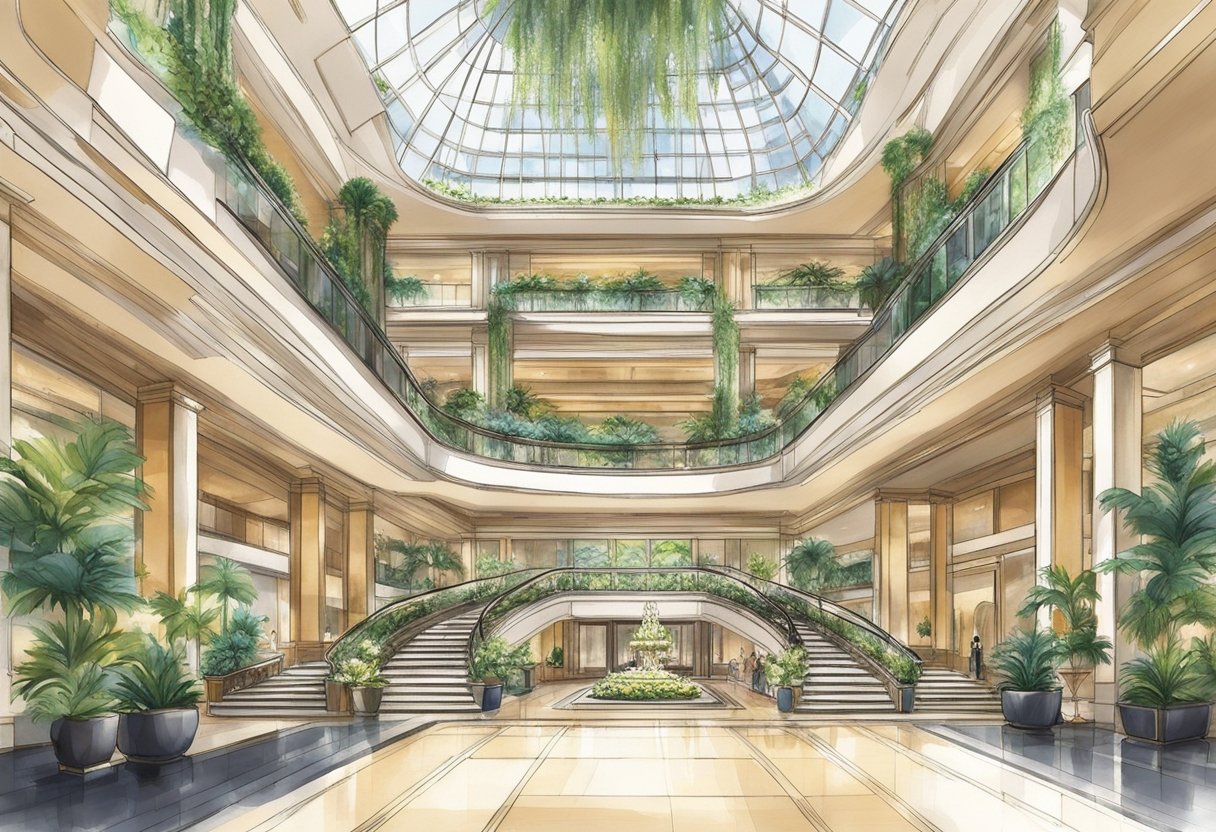The grand lobby of Grand Hyatt Singapore features luxurious furnishings, elegant chandeliers, and a grand staircase leading to the upper levels. The space is filled with natural light and adorned with intricate artwork and lush greenery