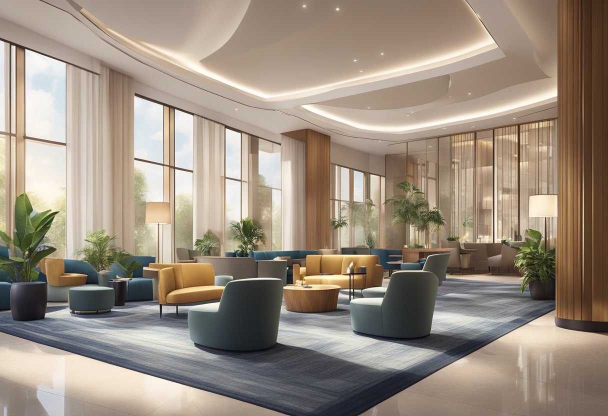 A modern hotel lobby with sleek furniture, a cozy lounge area, and a stylish check-in desk. The space is filled with natural light and adorned with contemporary artwork