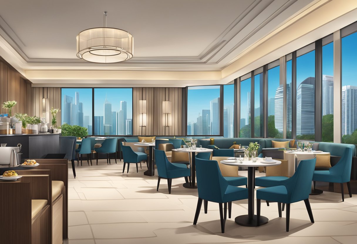 The dining area at Four Points by Sheraton Singapore is elegantly set with modern decor and overlooks the city skyline