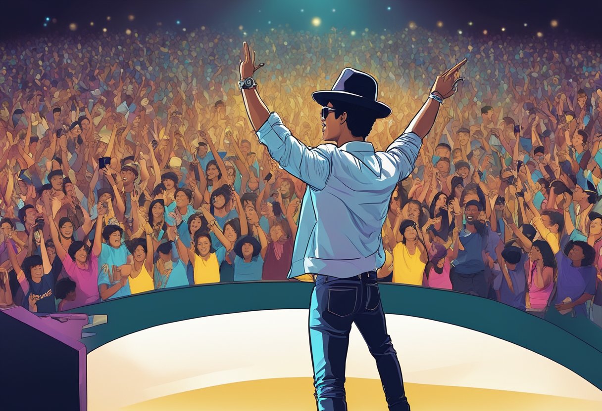 Bruno Mars performs on stage in Singapore, surrounded by a lively crowd and colorful stage lights