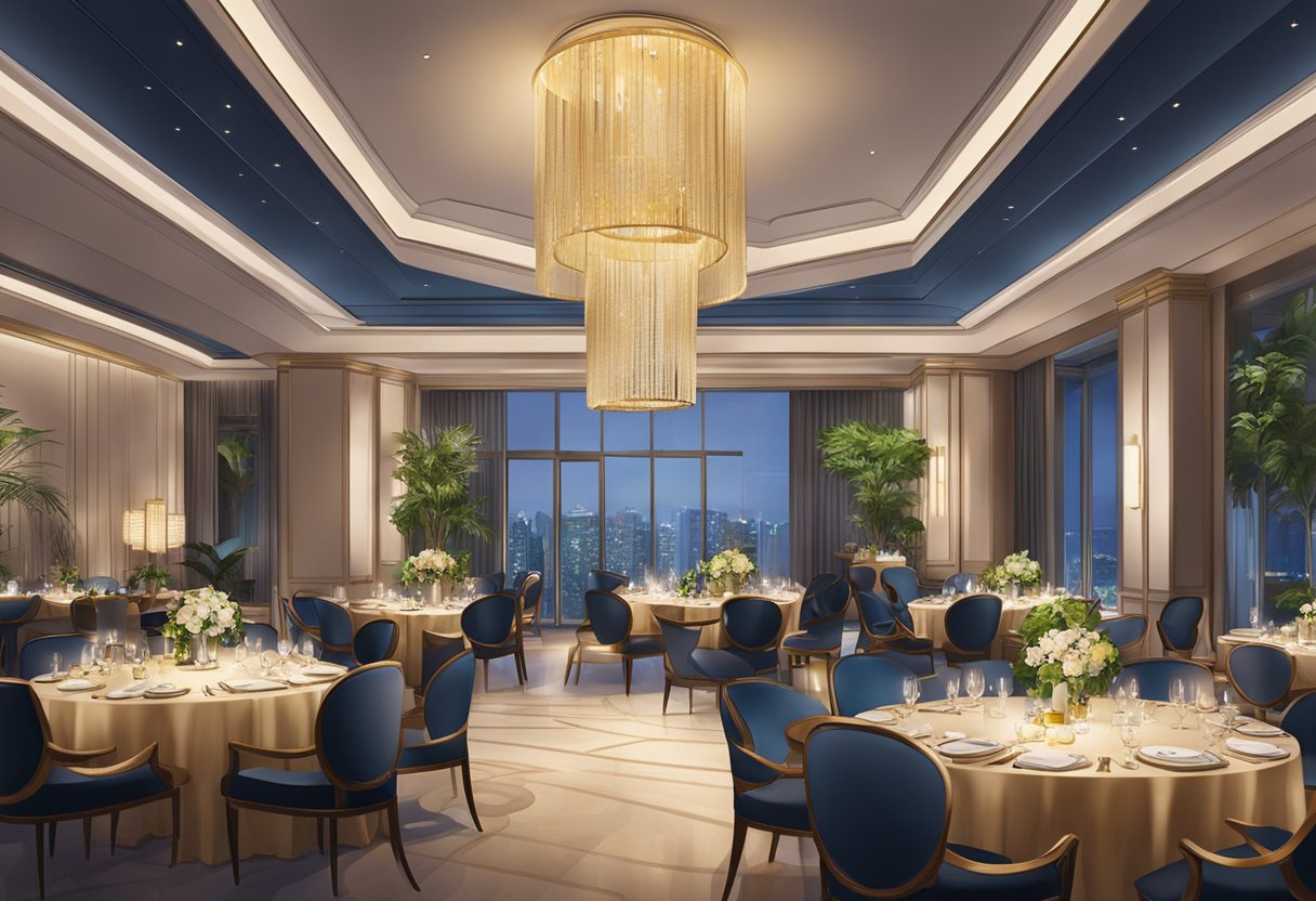 A luxurious dining area with elegant decor, ambient lighting, and live entertainment at Grand Hyatt Singapore