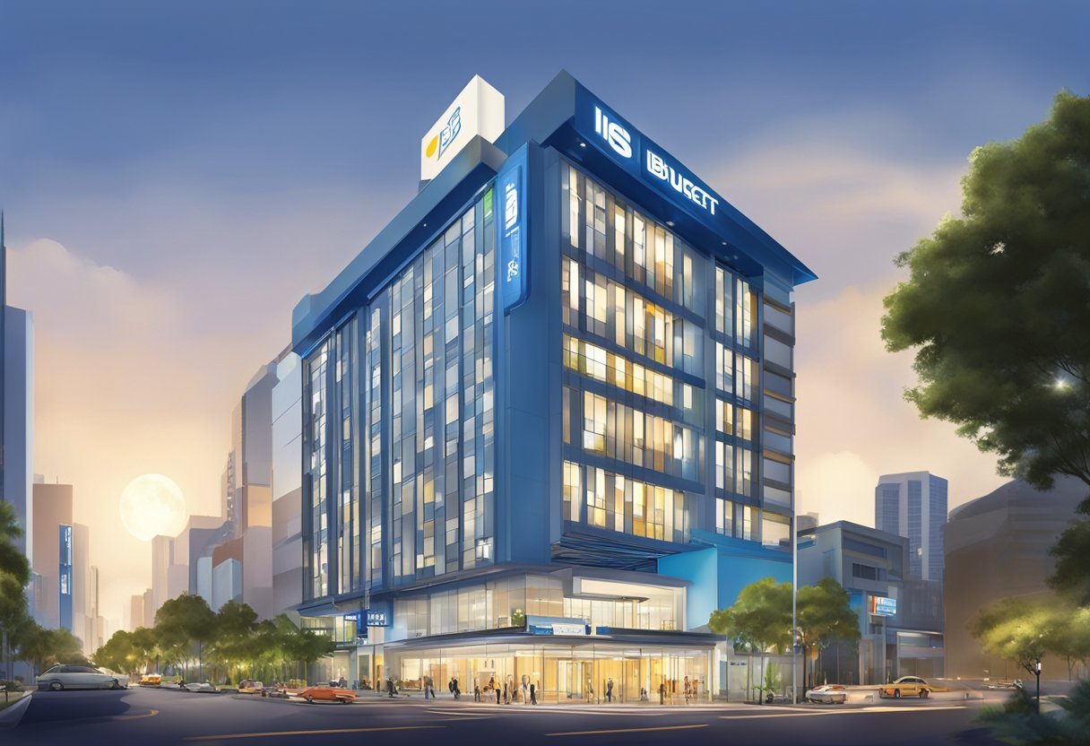 The ibis budget singapore pearl hotel exterior, with modern architecture and a prominent sign, surrounded by urban streets and city lights