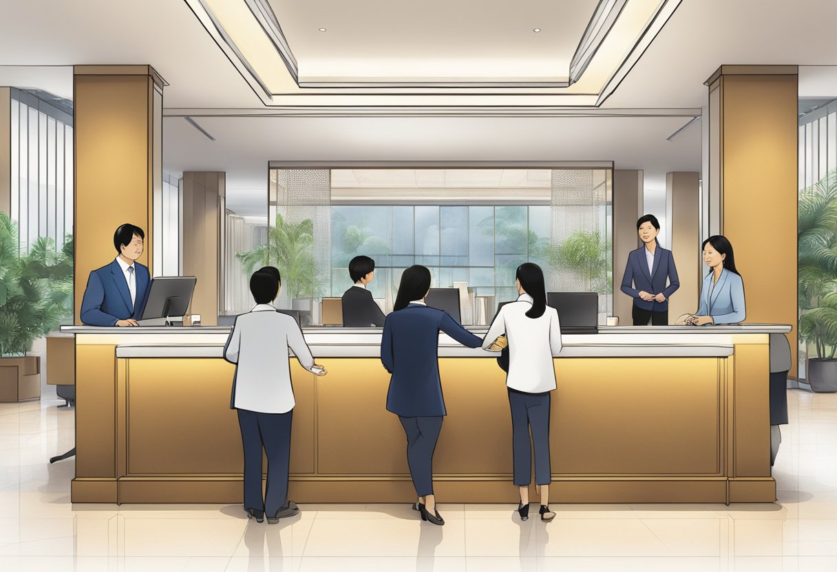 Guests approach the grand Hyatt Singapore front desk, while staff members assist others with inquiries and provide information