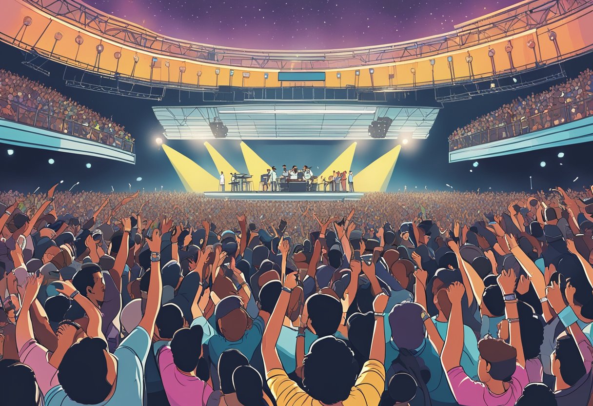 A crowded concert venue in Singapore with a large stage, bright lights, and enthusiastic fans holding up signs and cheering for Bruno Mars