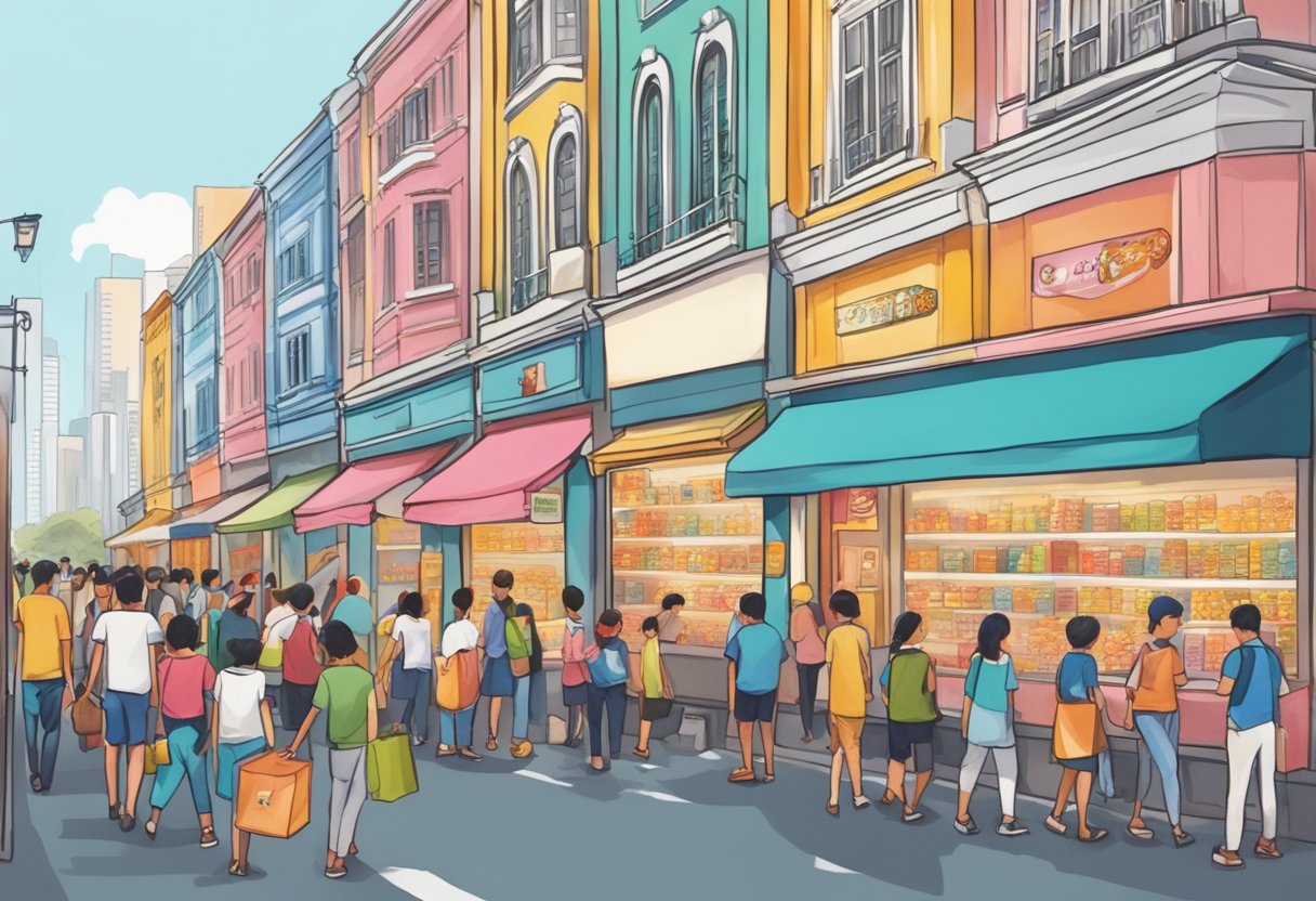 A bustling street in Singapore with colorful shopfronts and a crowd of people walking past a line of dominoes set up for a game