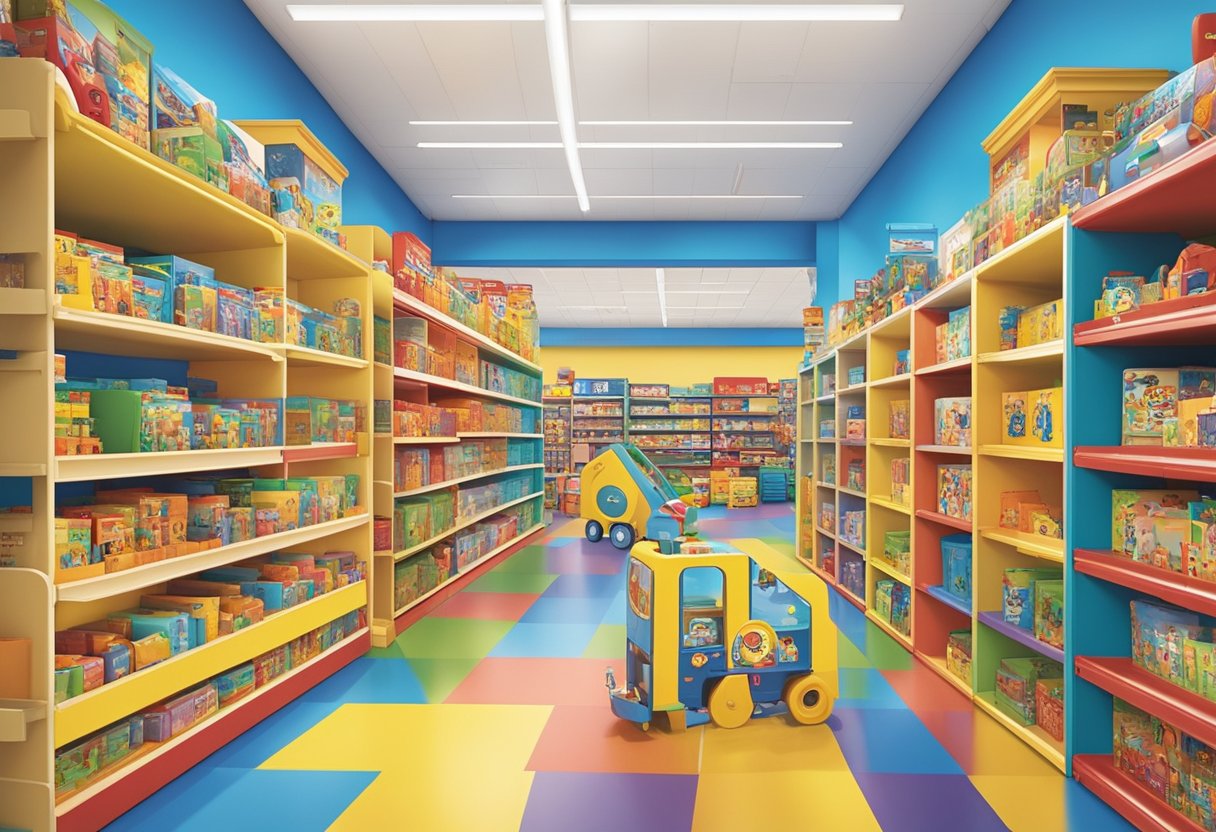 Children exploring colorful aisles, shelves stocked with toys, and interactive play areas at Toys R Us Singapore stores