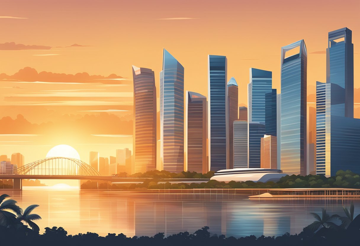 The sun sets over the Singapore skyline, casting a warm orange glow over the city's iconic landmarks and bustling streets