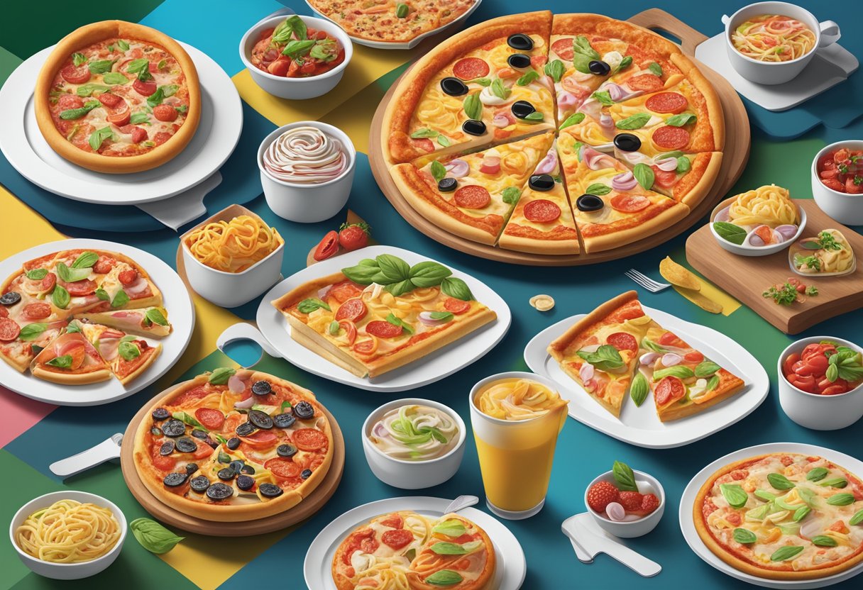 A table set with a colorful array of pizza slices, pasta dishes, and dessert options, all featuring the Domino's Singapore menu highlights