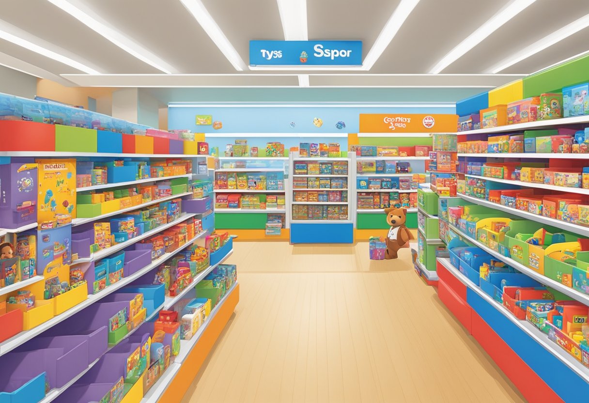 Shelves stocked with colorful toys, bright signage, and a checkout counter with friendly staff at Toys R Us Singapore