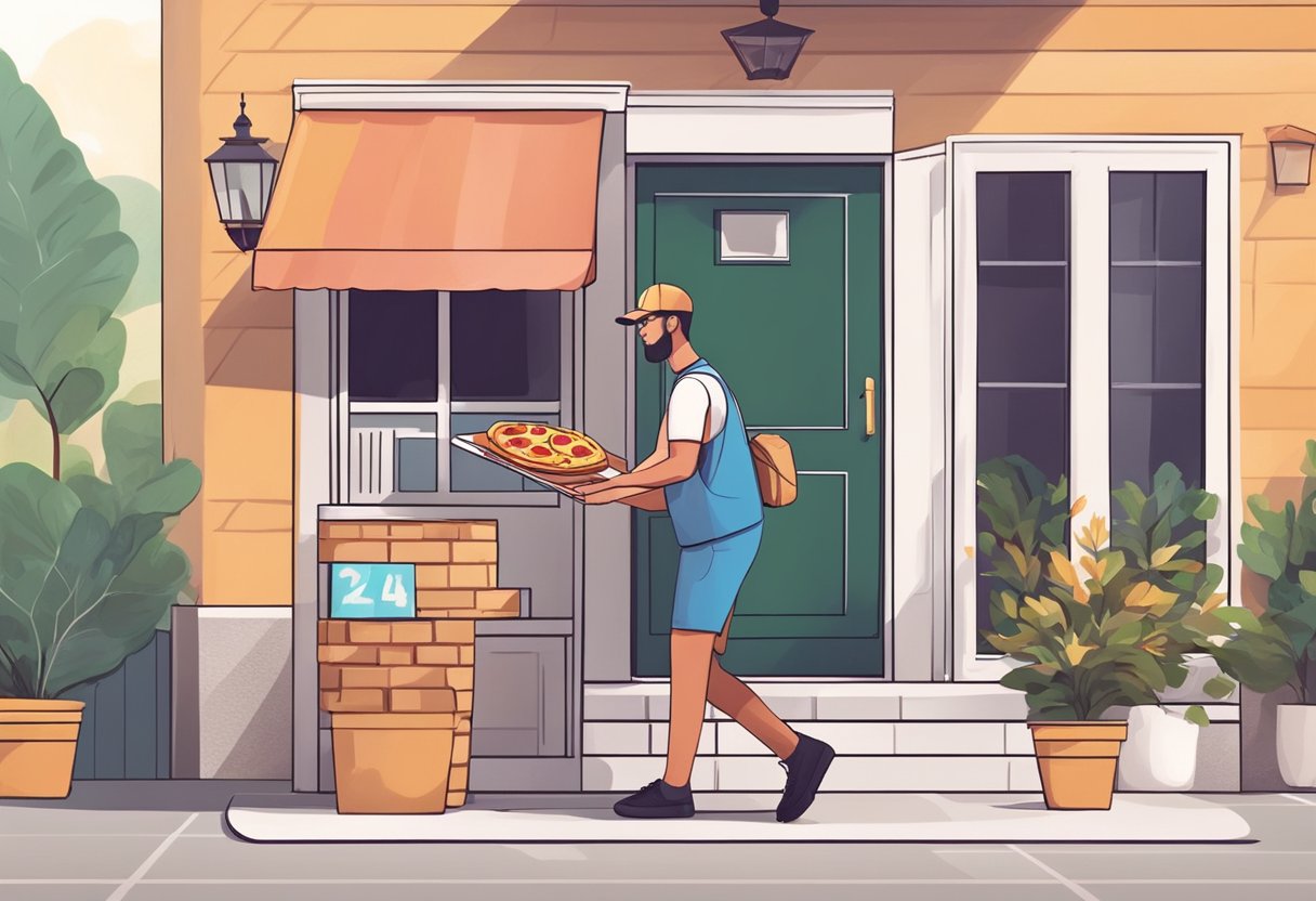 A customer orders pizza online. A delivery person hands over the pizza at the customer's doorstep