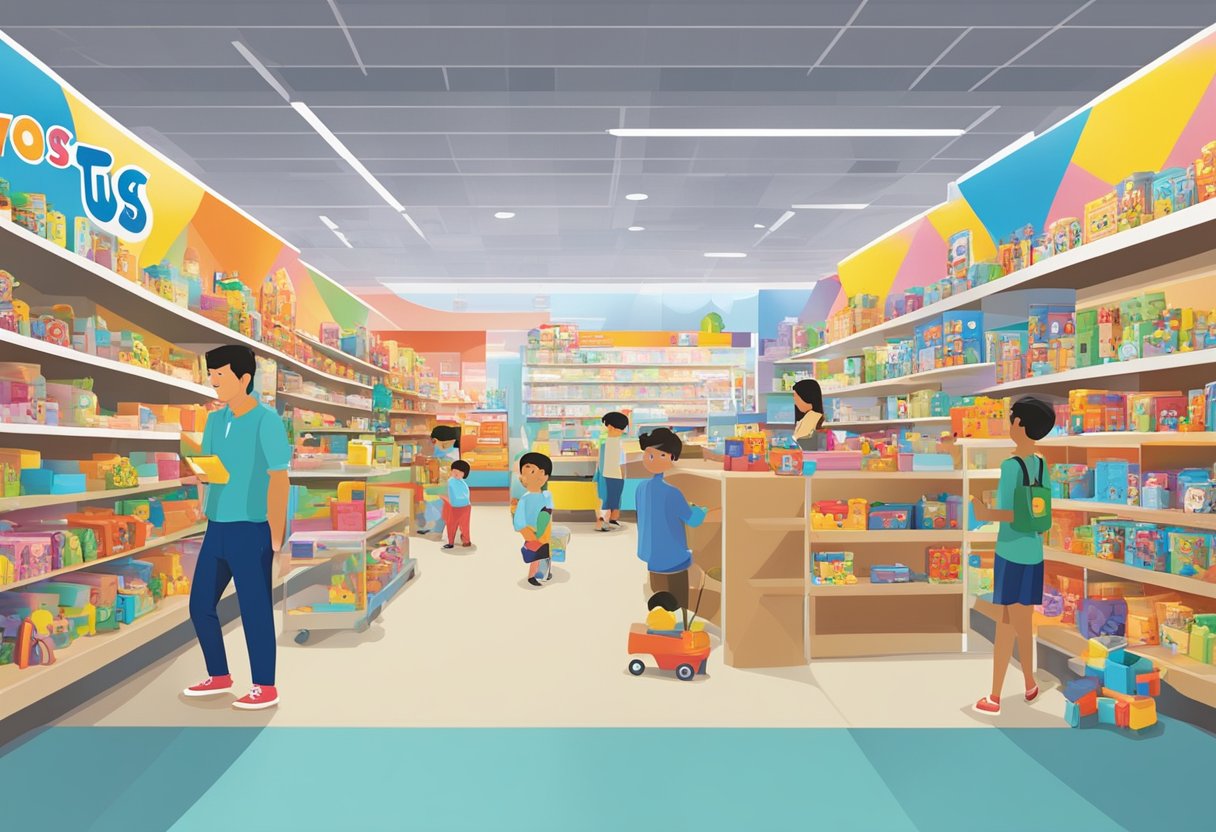 Toys R Us Singapore FAQ section with colorful toys on shelves and customers browsing