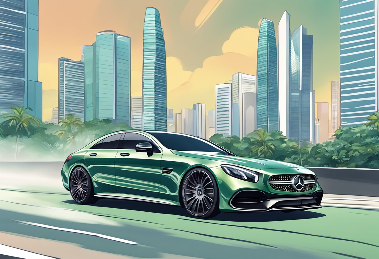 A sleek Mercedes car speeds through the streets of Singapore, gliding past towering skyscrapers and lush greenery