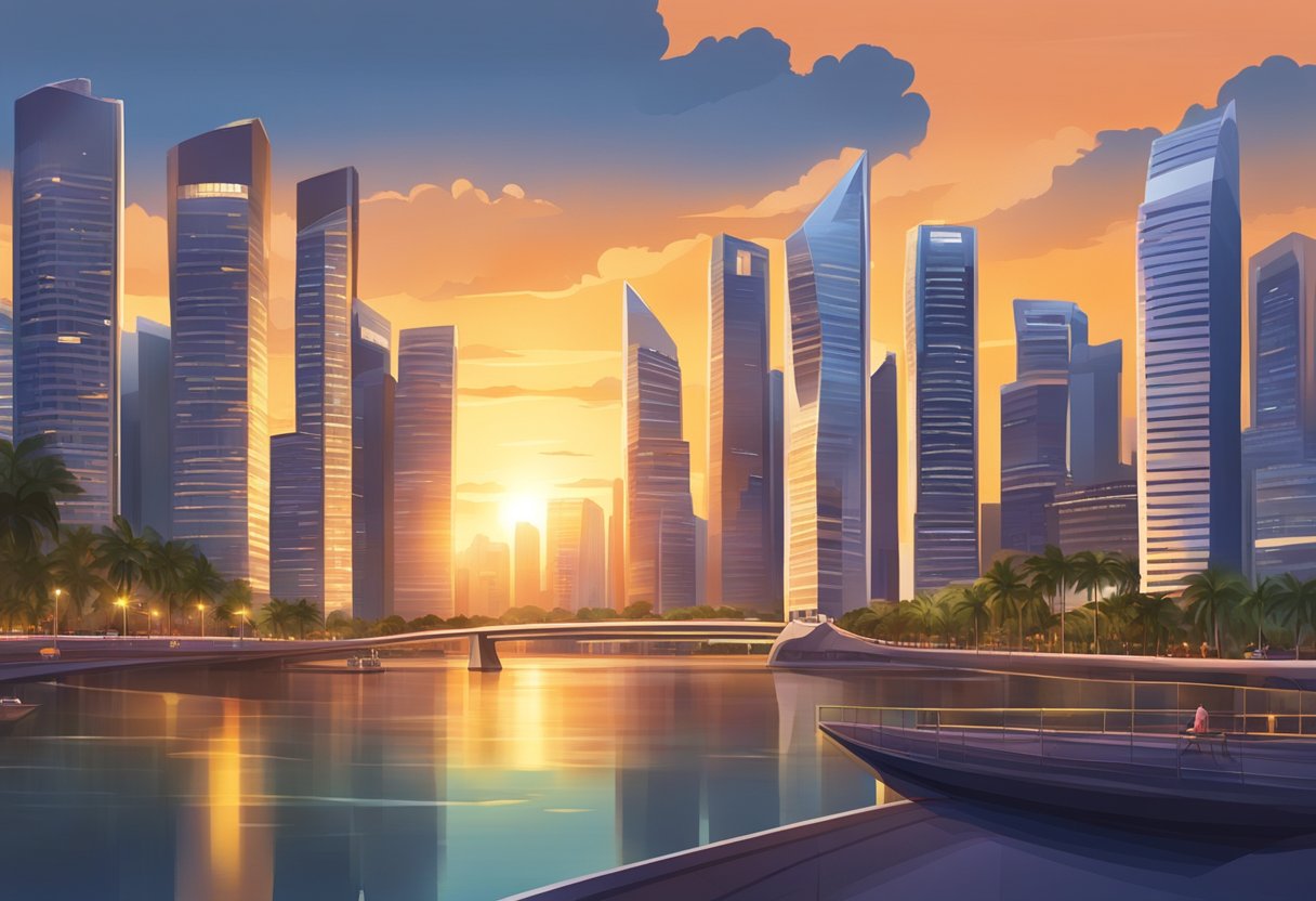 The sun sets over the Singapore skyline, casting a warm glow over the city as the call to Maghrib echoes through the bustling streets
