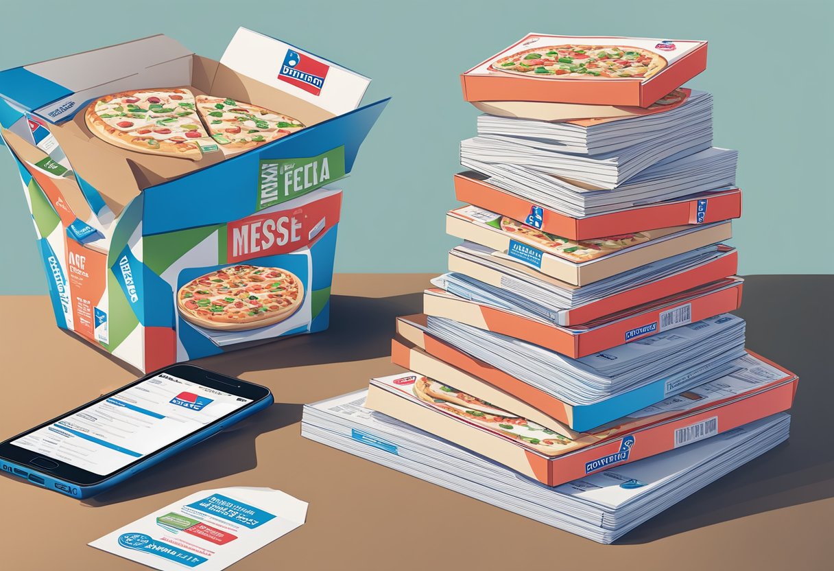 A stack of Domino's Pizza boxes on a counter with a menu and a phone nearby