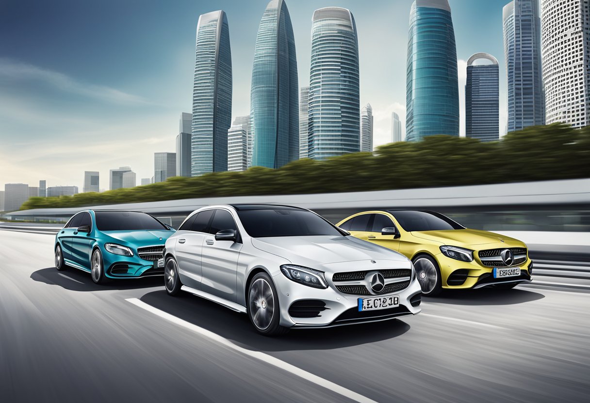 A row of Mercedes models on display, with sleek designs and shining exteriors, set against a backdrop of the Singapore skyline