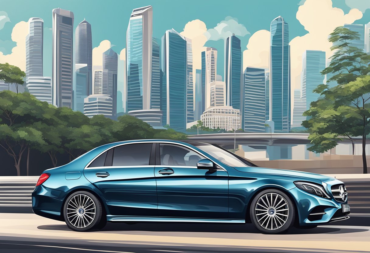 A luxurious Mercedes car parked in front of the iconic skyline of Singapore, with the city's modern architecture in the background