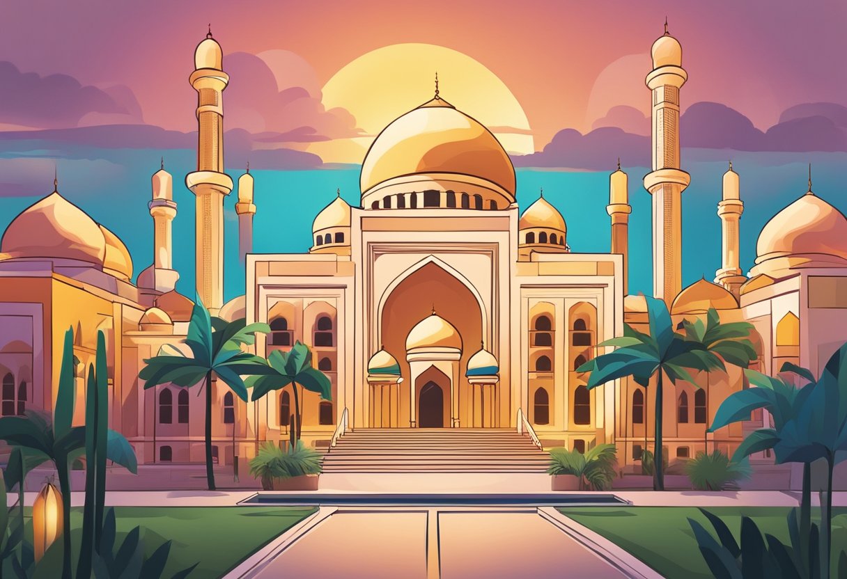 A colorful mosque at sunset with a sign reading "Frequently Asked Questions Maghrib Singapore" in bold lettering