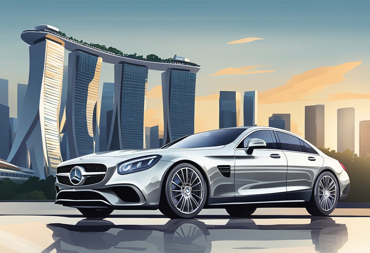 A sleek Mercedes car parked in front of a modern Singapore skyline, with the iconic Marina Bay Sands in the background