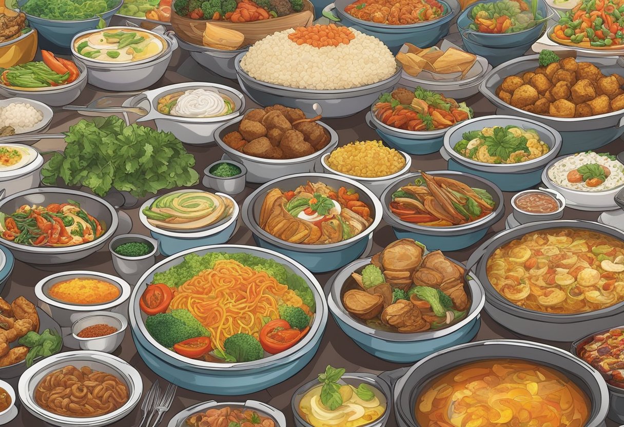 A colorful spread of halal dishes lines the buffet table in a bustling Singapore restaurant. Aromatic steam rises from the dishes, inviting diners to savor the diverse flavors