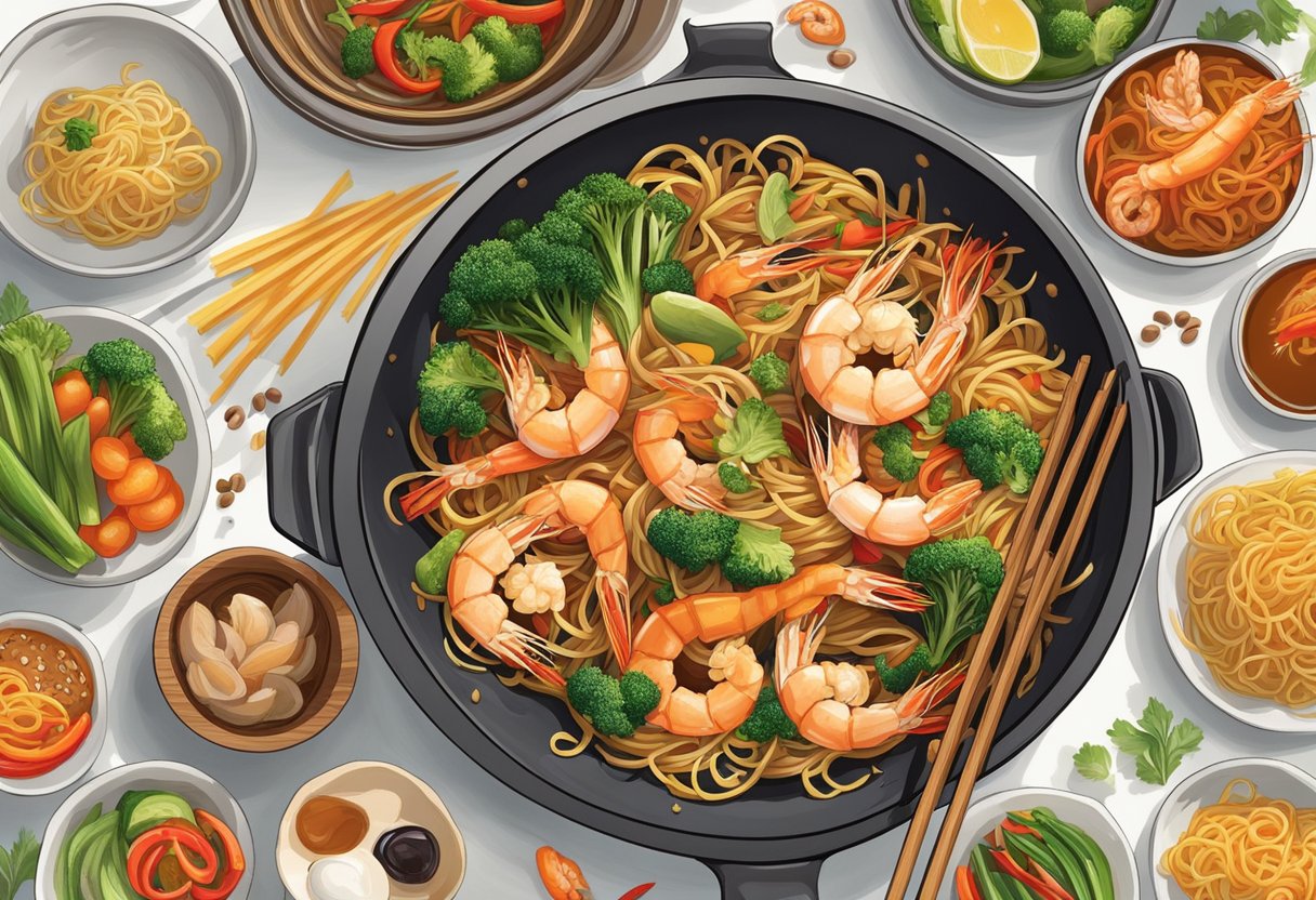 A sizzling wok tosses plump prawns, golden noodles, and vibrant vegetables in a fragrant mix of soy sauce and savory spices