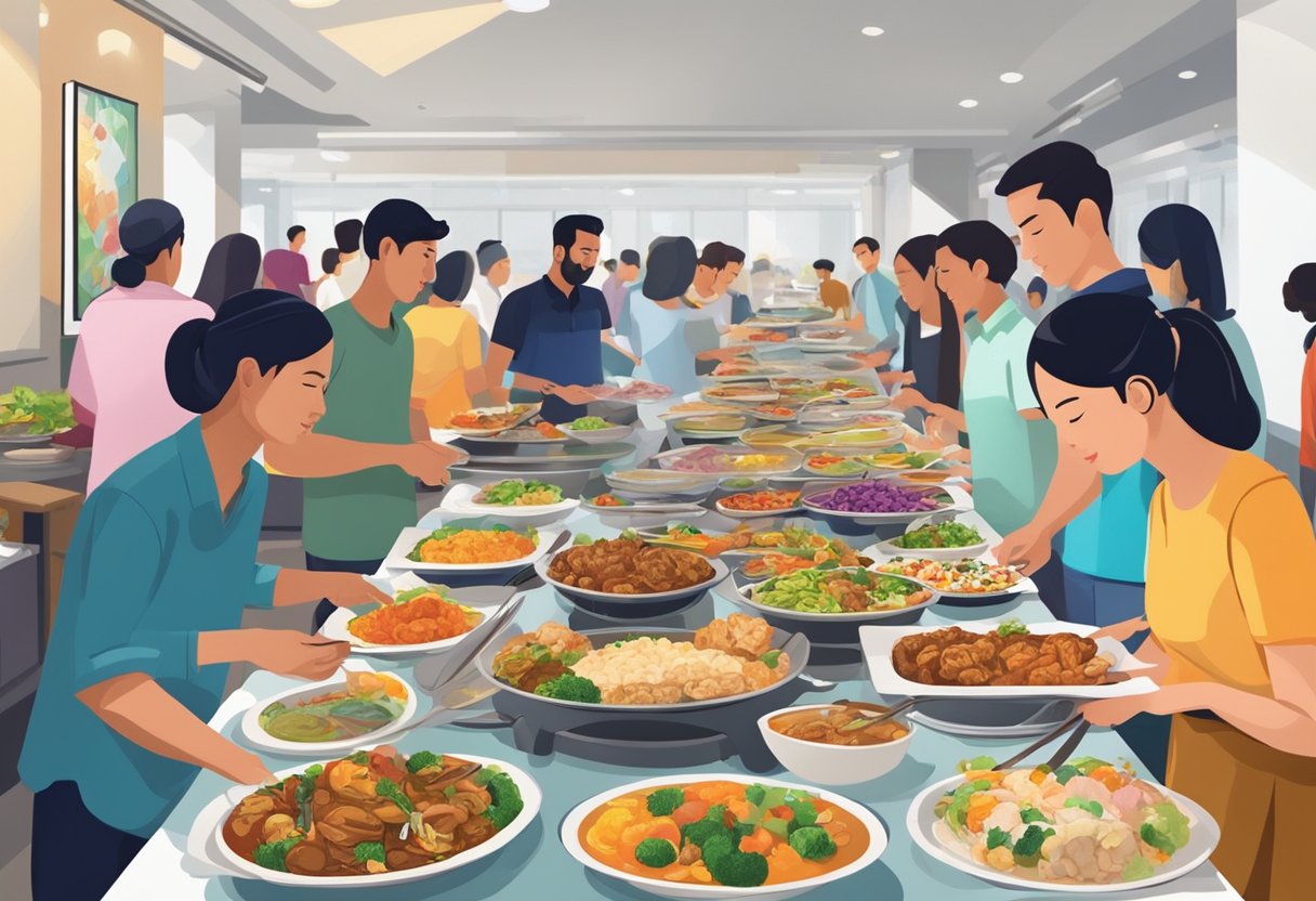 Customers sampling diverse halal buffet dishes in a bustling Singapore restaurant. Tables filled with colorful plates and steaming trays of food