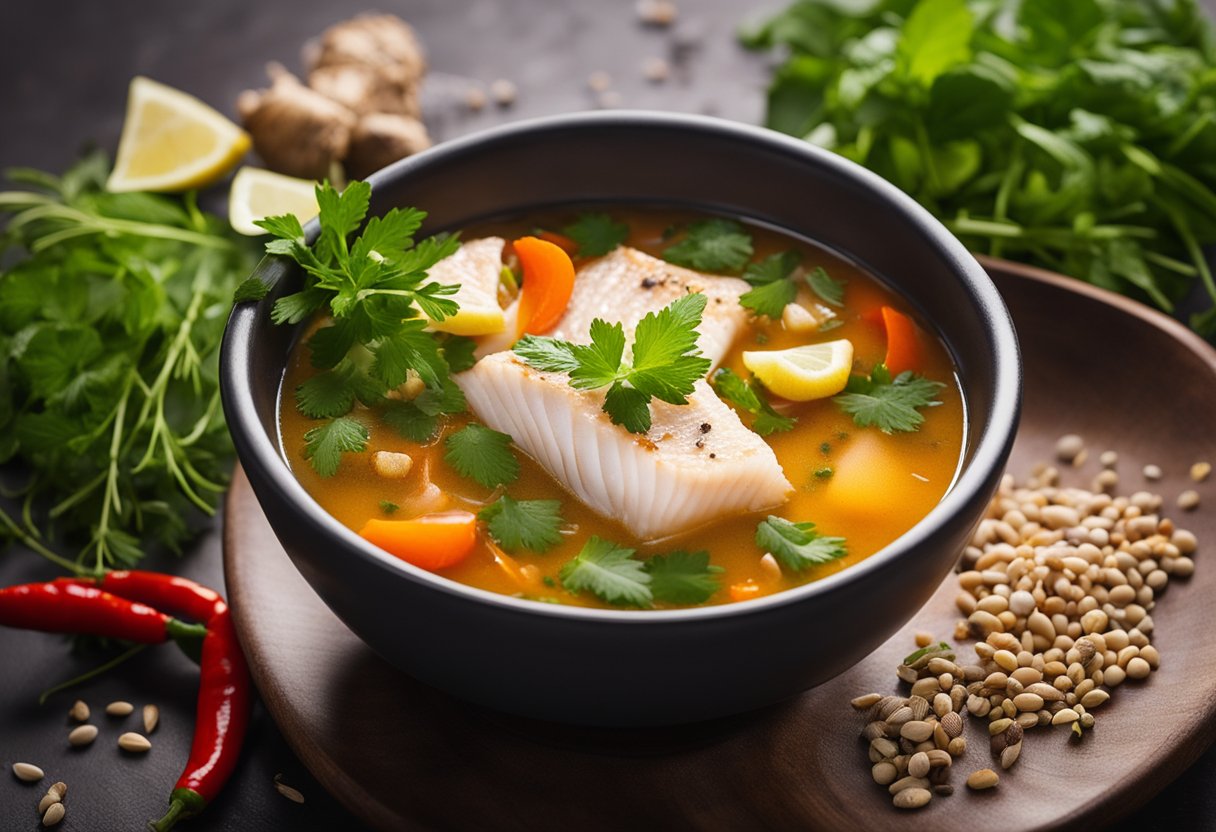 A steaming bowl of XO fish soup surrounded by vibrant herbs and spices, with a hint of chili and lemongrass in the air