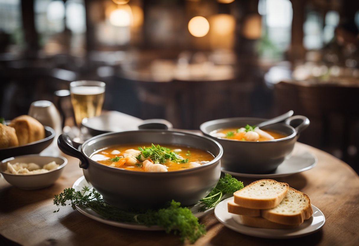 A steaming bowl of xo fish soup sits on a rustic wooden table in a cozy restaurant in Holland Village. The soup is garnished with fresh herbs and served with a side of crusty bread