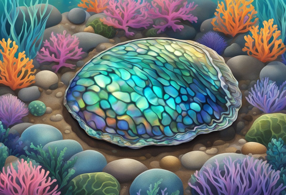 An abalone shell rests on a rocky ocean floor, surrounded by colorful marine life and swaying seaweed