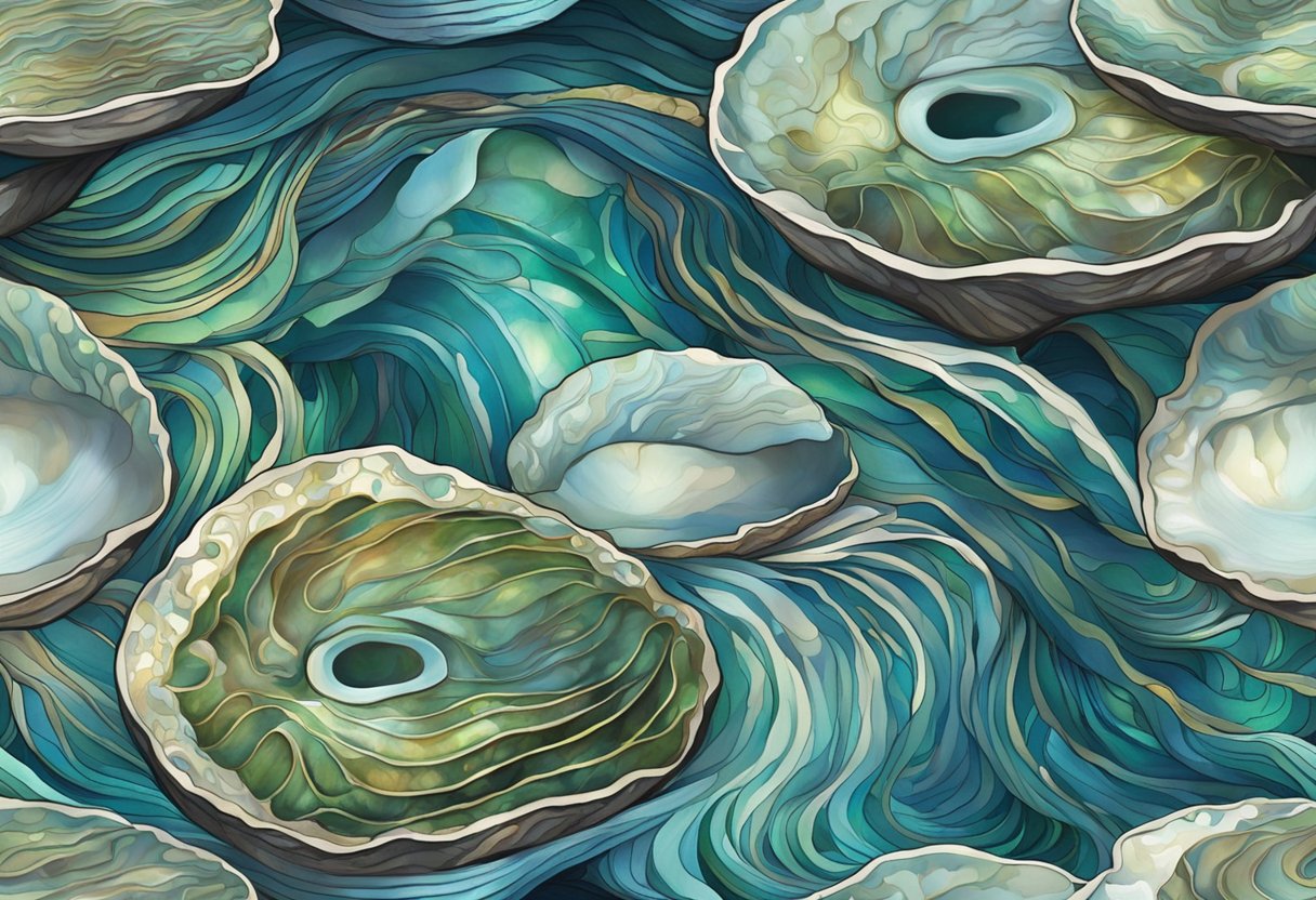 A close-up of a whole abalone shell nestled in a bed of kelp, surrounded by swirling ocean currents and vibrant marine life