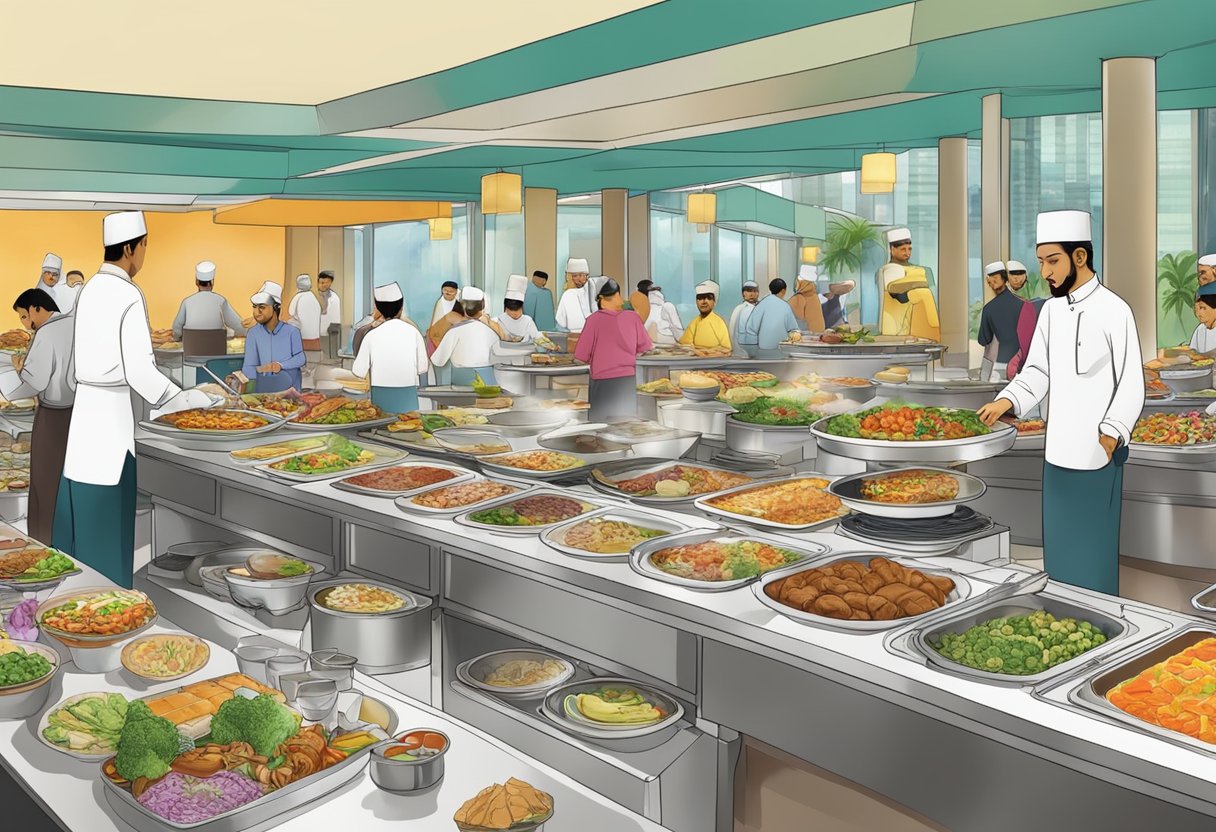 A bustling halal buffet in Singapore, with a colorful array of dishes and patrons enjoying their meals
