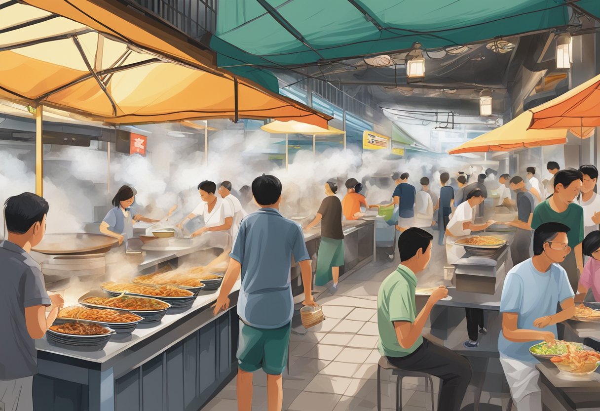 A bustling hawker center with steaming woks, fragrant smoke, and bustling customers at Xiao Di's famous fried prawn noodle stall in Serangoon North