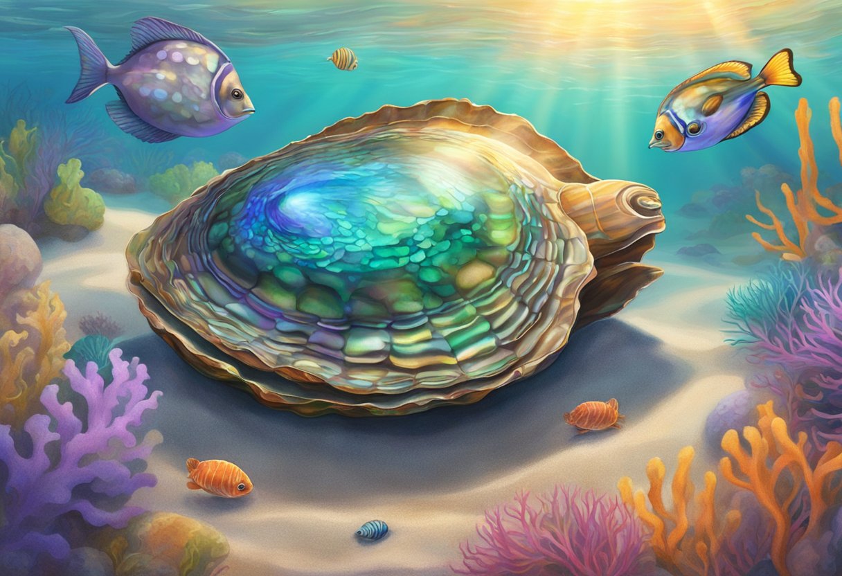 A vibrant abalone shell rests on a sandy ocean floor, surrounded by colorful marine life and gently swaying seaweed