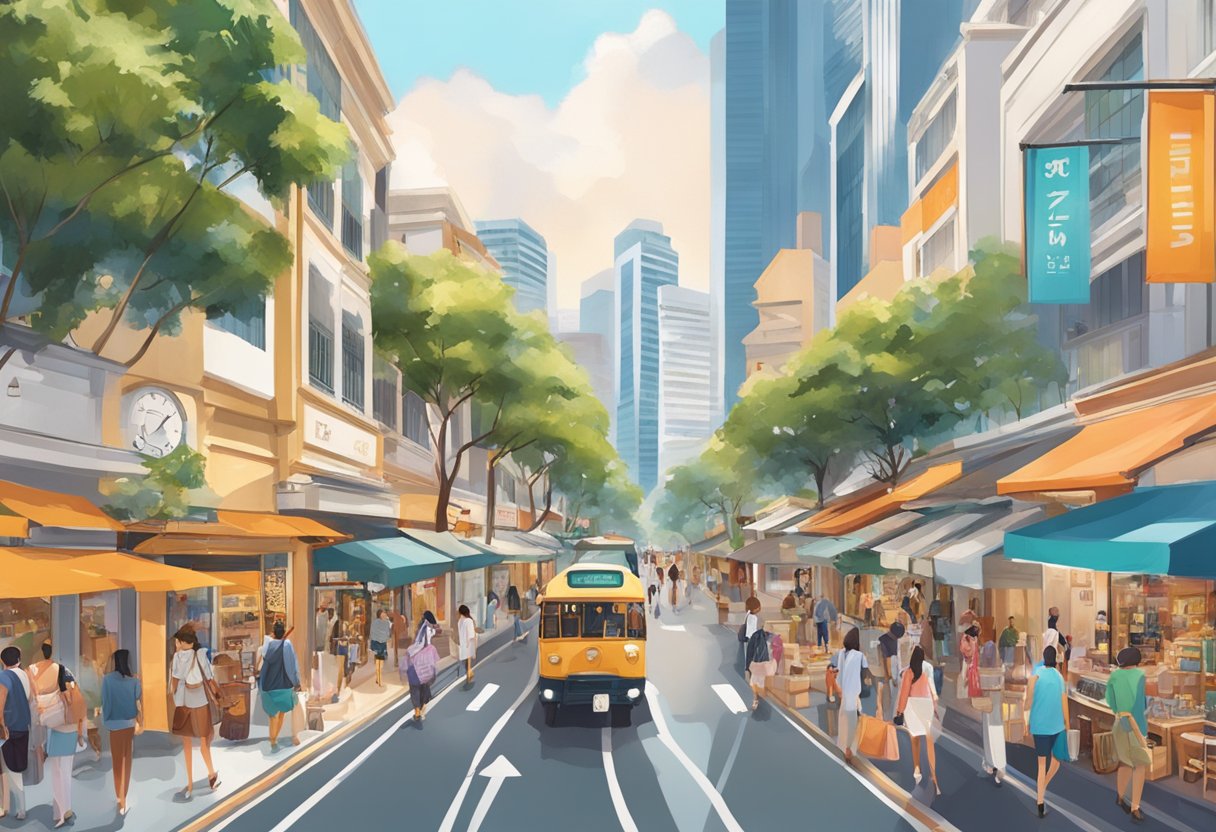 The bustling streets of Shein Singapore, filled with vibrant storefronts and fashionable pedestrians, creating a lively and trendy atmosphere