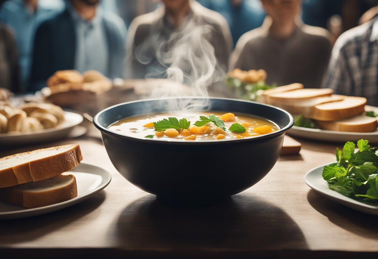 A steaming bowl of fish soup with a side of bread, surrounded by curious onlookers with question marks floating above their heads
