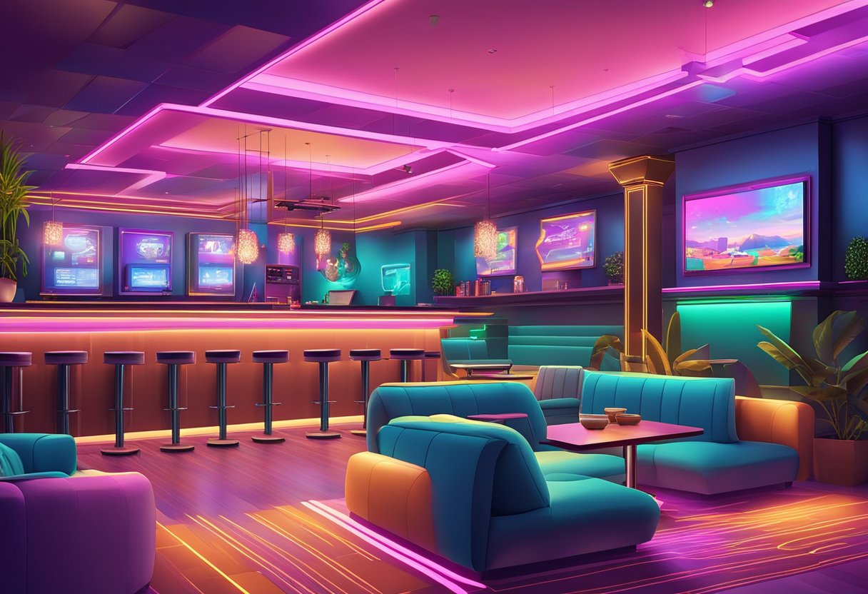 A lively KTV room in Singapore with colorful neon lights, modern karaoke machines, and comfortable seating for guests