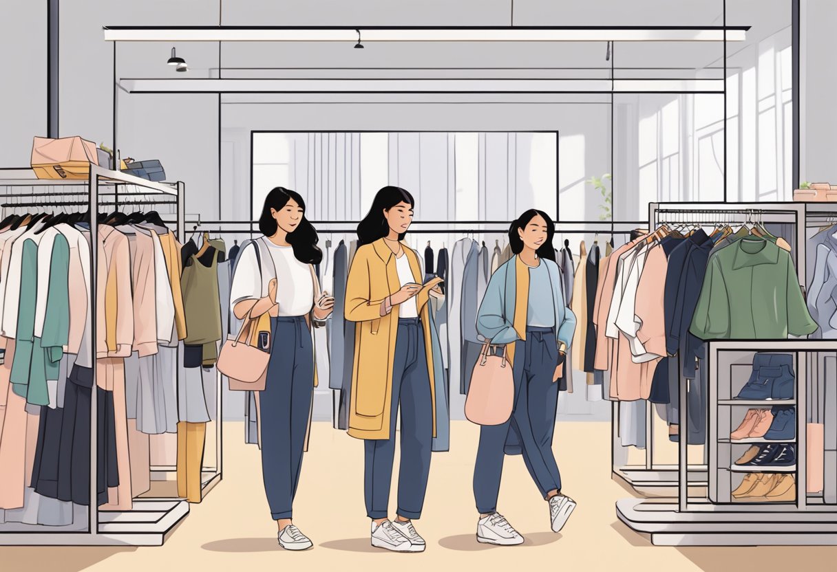 Customers browsing through racks of trendy clothing, while friendly staff assist with fitting and offer personalized styling advice at SHEIN Singapore