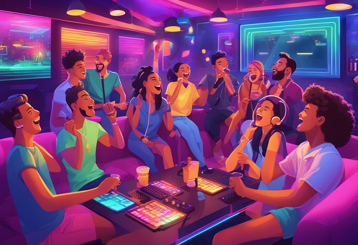 A group of friends gather in a colorful KTV room, singing and laughing, surrounded by neon lights and karaoke machines