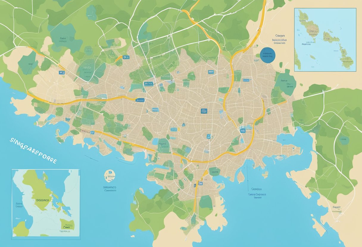 A map of Singapore with various postal codes marked in different areas