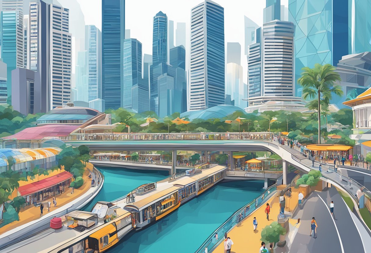 A bustling street in Singapore, with iconic landmarks like the Marina Bay Sands and the Singapore Flyer in the background