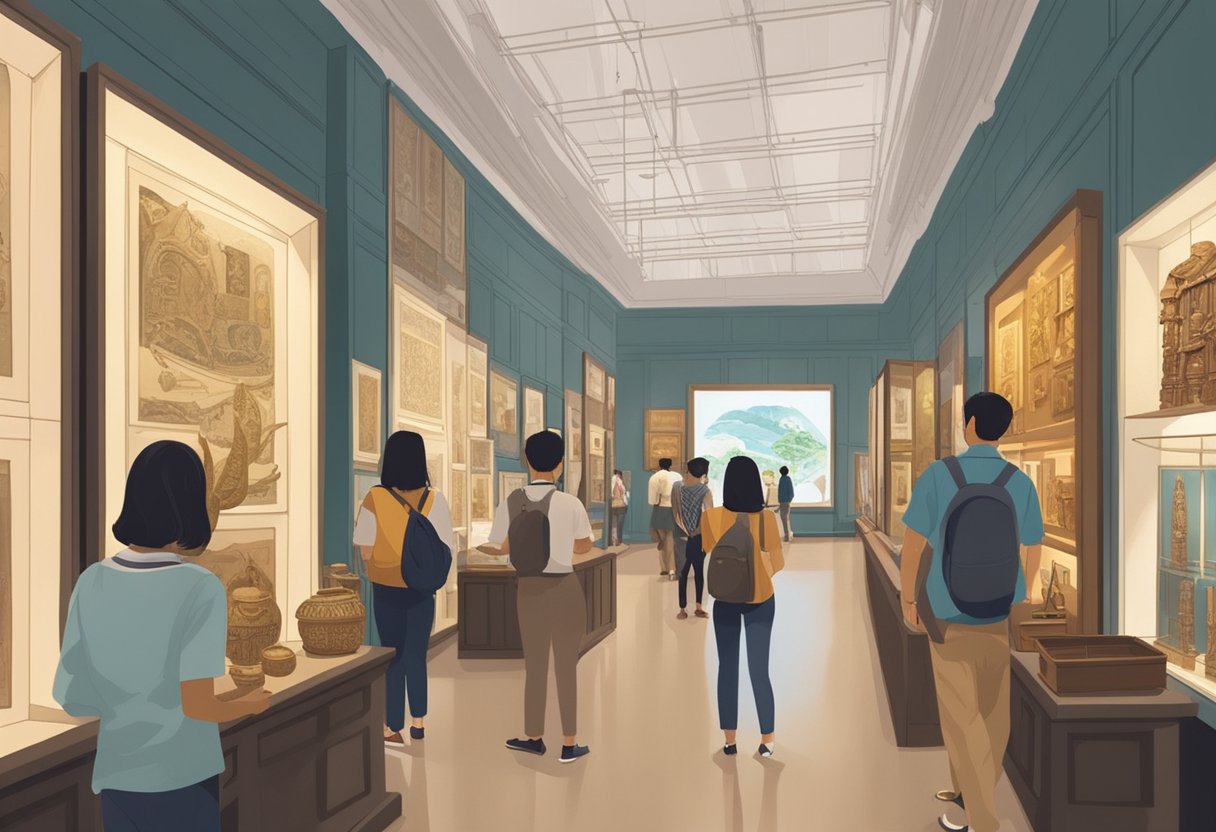 Visitors admire artifacts in Singapore's museums. Displays showcase diverse cultures and histories. Lighting highlights intricate details