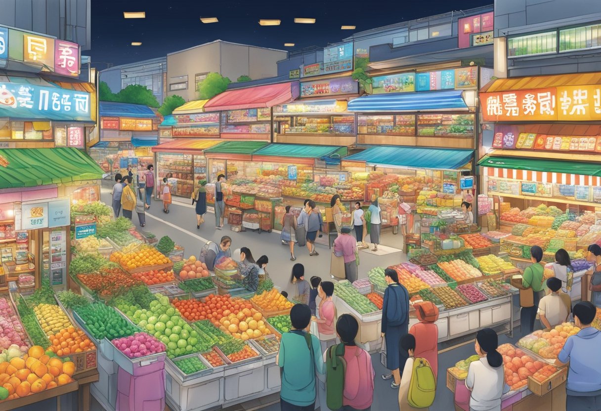 A bustling market with colorful displays, bright lights, and a variety of products at Don Don Donki Singapore