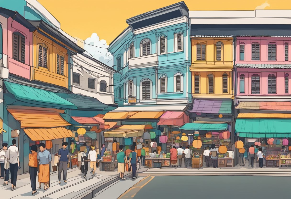 Colorful shophouses line the streets of Bugis, Singapore. Bright lanterns and bustling market stalls create a vibrant atmosphere