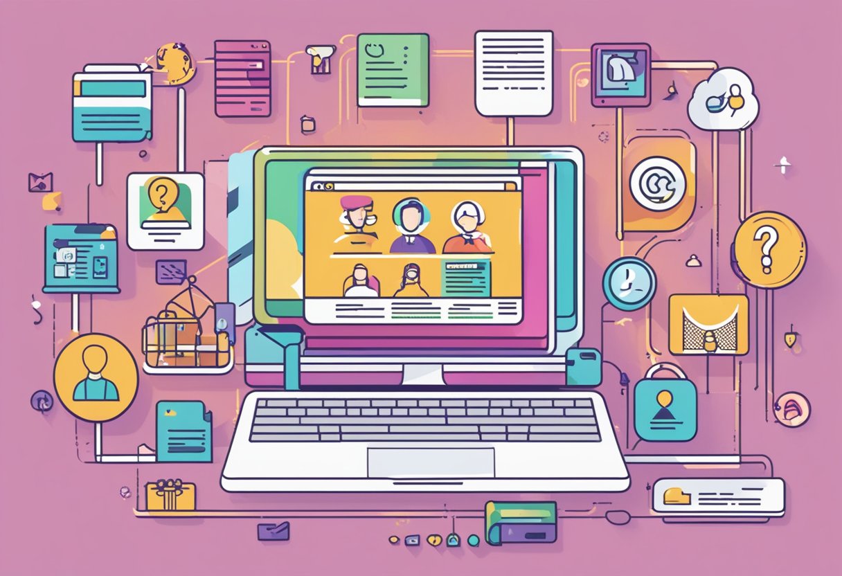 A computer screen displaying a webpage with the title "Frequently Asked Questions shein singapore" surrounded by various customer service icons and text