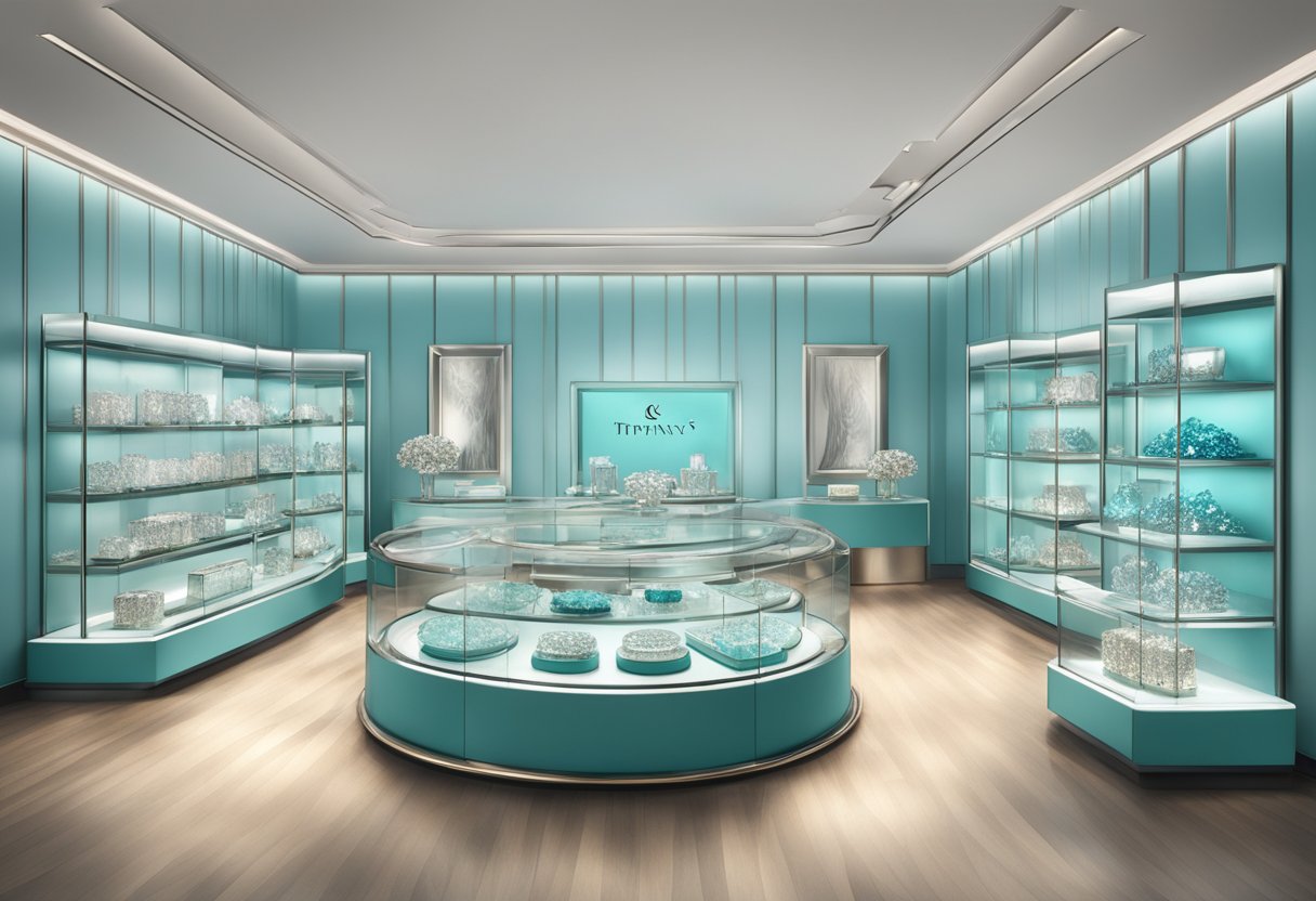 A sparkling display of Tiffany's Collections in a sleek and modern setting. Shimmering jewelry and luxurious accessories catch the light, drawing in the viewer