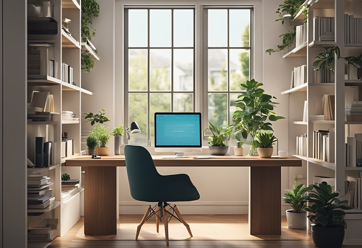 Start a Home based business online with A cozy home office with a desk, computer, and shelves filled with business books and supplies. A bright window lets in natural light, and a plant adds a touch of greenery to the space