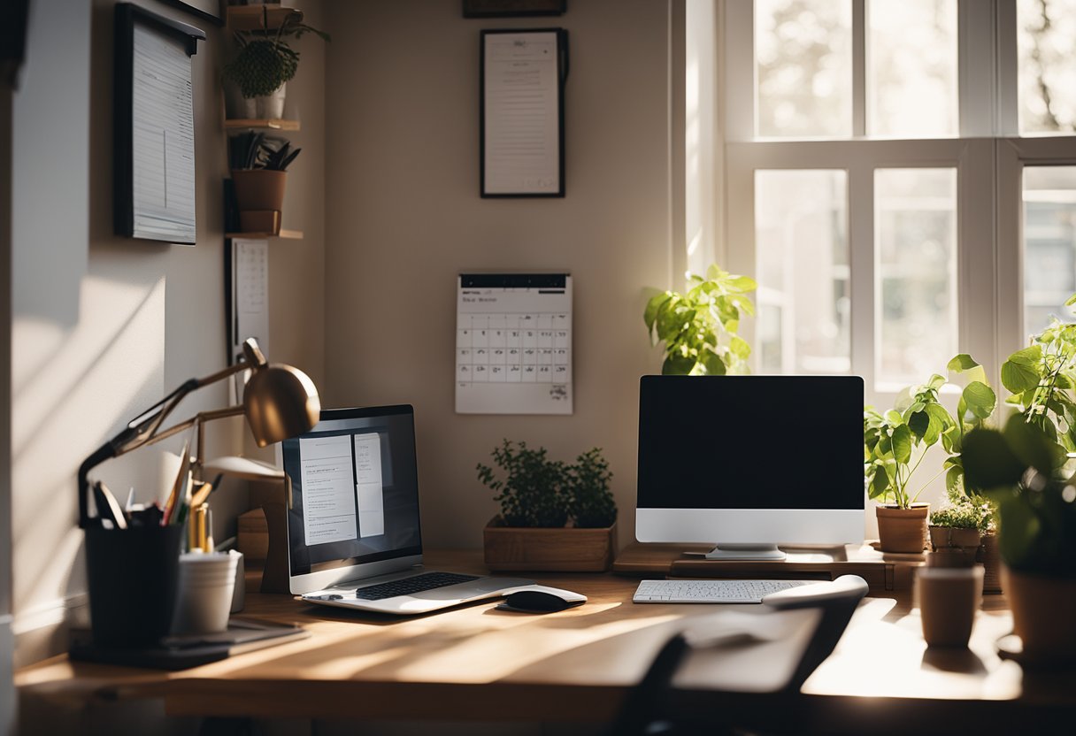 A cozy home office with a desk, computer, and chair. Sunlight streams through the window, casting a warm glow on the space. A calendar and to-do list are prominently displayed, indicating a busy and organized work environment