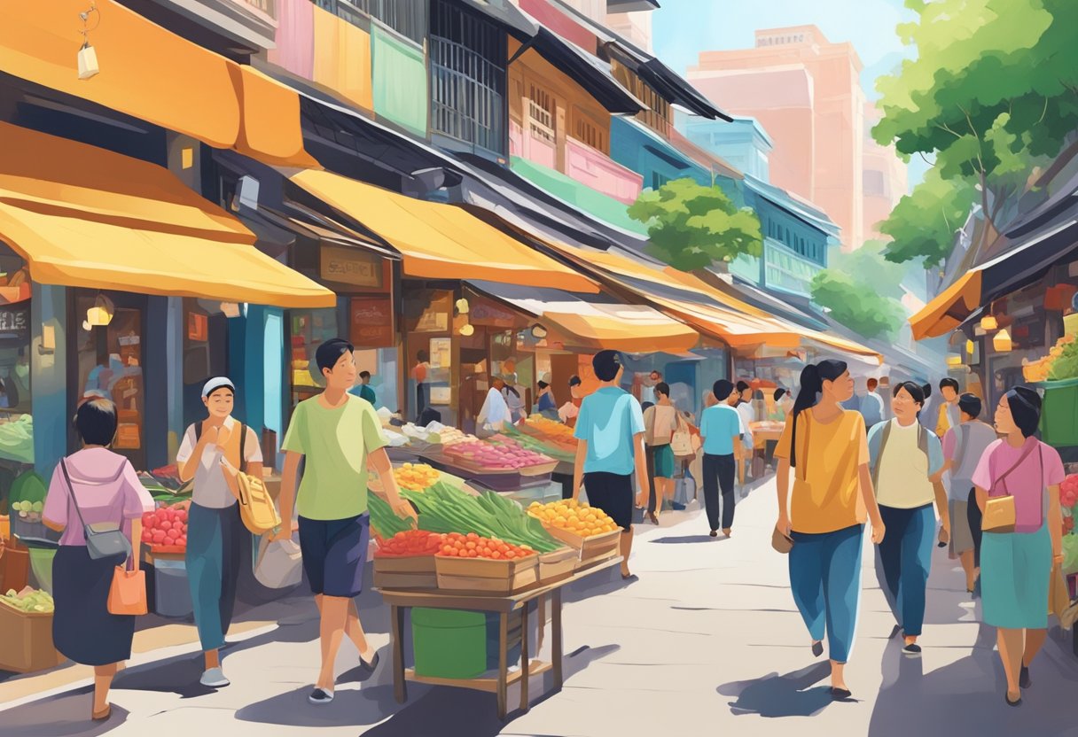 People strolling through colorful Bugis streets, passing vibrant shops and bustling markets. The scent of local cuisine fills the air