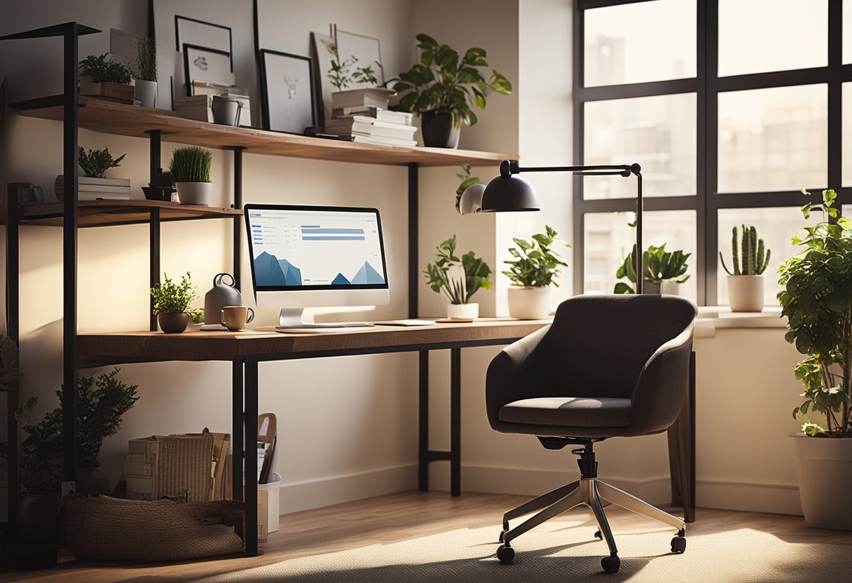 A cozy home office with a desk, computer, and phone. A sign on the wall reads 