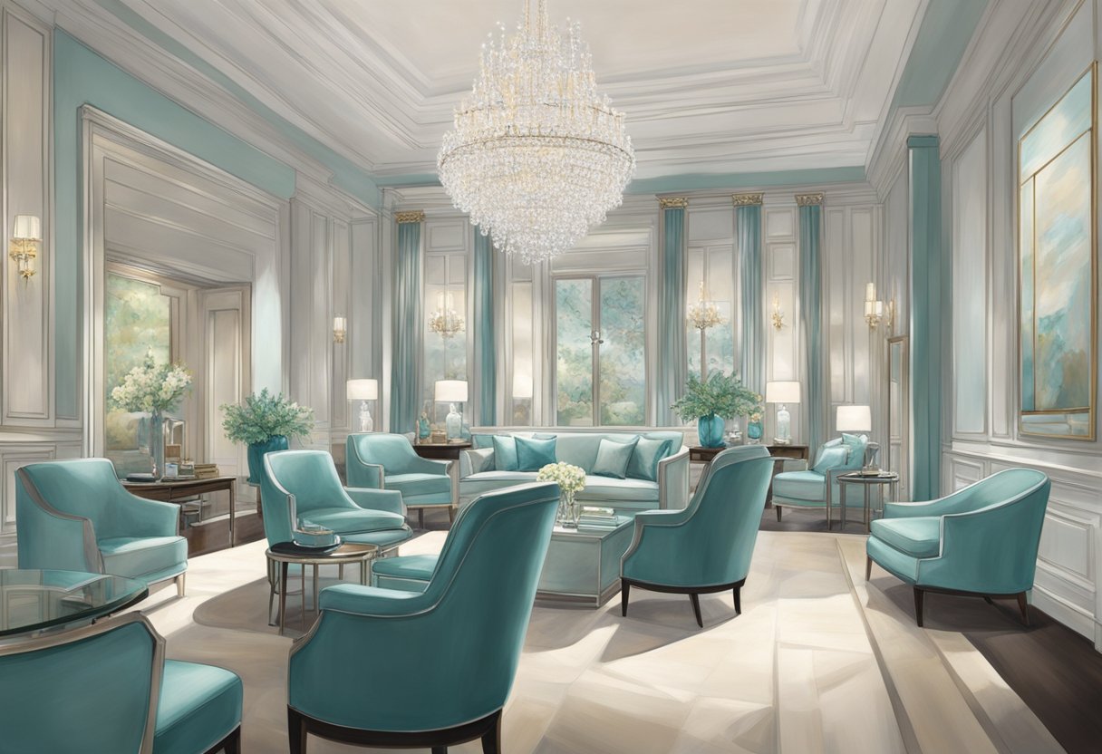 A serene, elegant setting with a focus on attention to detail and luxury, showcasing the Tiffany & Co. brand in a sophisticated and inviting atmosphere